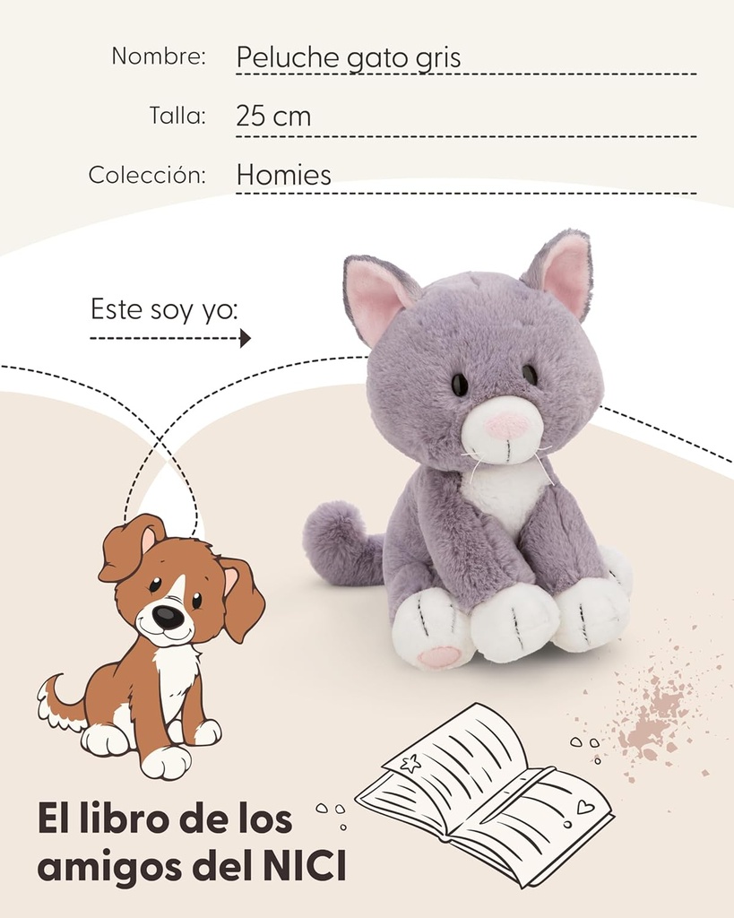PELUCHE GATO GRIS SENTADO 25CM.