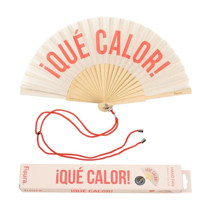 ABANICO"QUE CALOR"BEIGE/ROJO